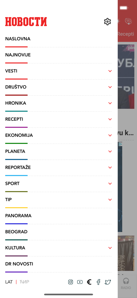 Večernje Novosti - Menu de navigation latéral de l'application mobile Večernje Novosti affichant différentes catégories d'actualités en serbe.