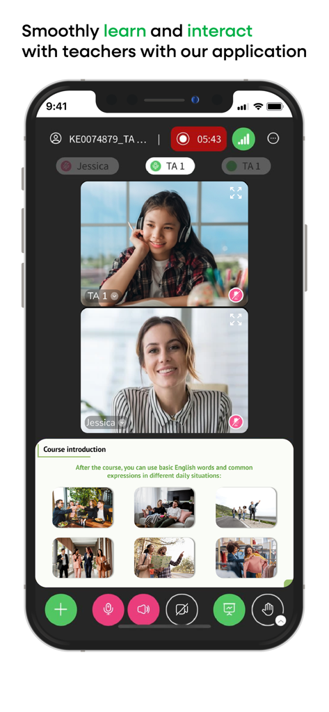 Kyna English - Mobile interface of Kyna English featuring a live video call session with a teacher