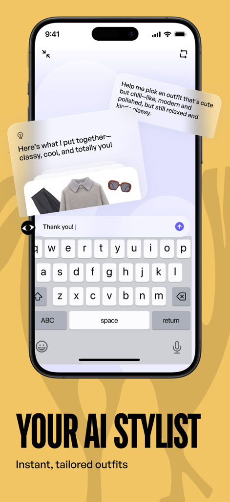 Un smartphone affichant l'interface de chat de l'application Estyl où un styliste IA fournit des recommandations de tenues personnalisées basées sur la demande de l'utilisateur.