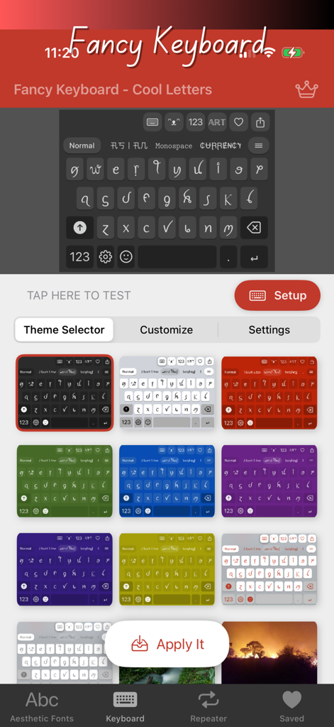 Fancy Keyboard - Cool Letters - Sélecteur de thèmes de l'application Fancy Keyboard montrant divers designs de clavier personnalisés colorés.