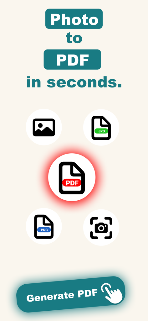 An app interface showing icons for JPG, PNG, and camera photos being converted into a central PDF document.