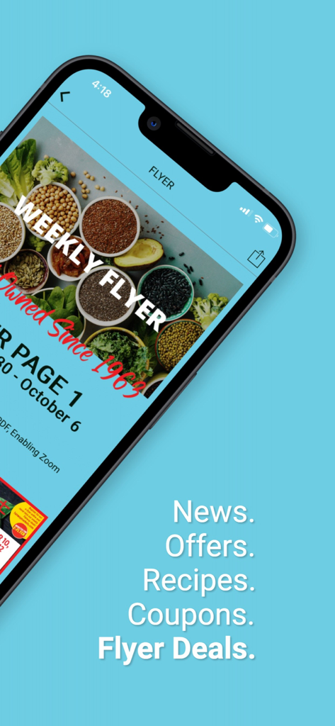 Tela do aplicativo Fairway Market mostrando o folheto semanal com ofertas de supermercado e cupons digitais.