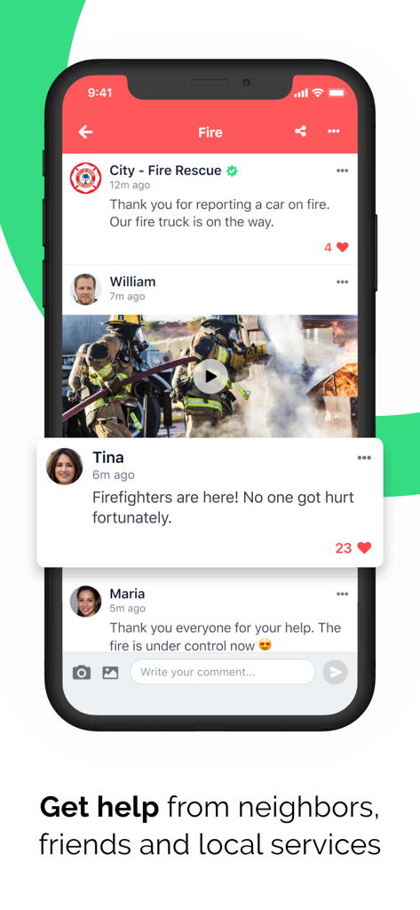 SOSAFE - City Social Network - SOSAFE app screen showing a neighborhood fire report and real time community chat