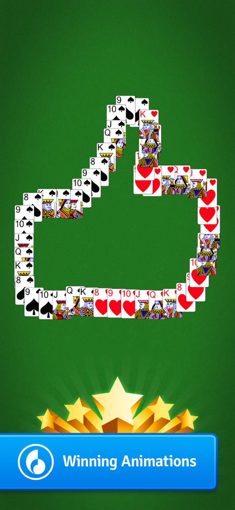 Spider Go Solitaire winning animation with playing cards forming a thumbs up shape on a green background