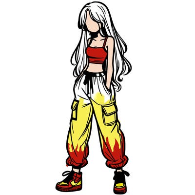 girl in baggy pants crop top and long hair