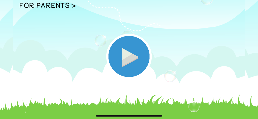 Baby Xylophone With Kids Songs - Menú principal de la aplicación Xilófono para Bebés con botón de reproducción azul y burbujas