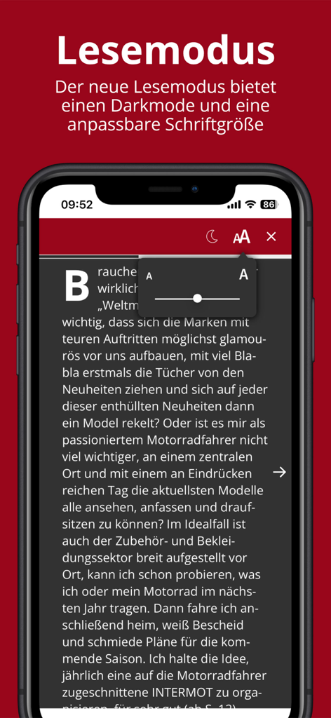 Motorrad Kiosk - Modo de lectura de la aplicación Motorrad Kiosk con modo oscuro y ajuste del tamaño de fuente