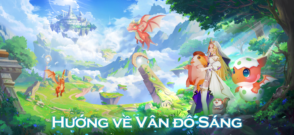 Vân Thành: Utopia - ヴァン・タン・ユートピアの浮遊島と神話上の生き物が描かれた鮮やかなアニメファンタジー風景