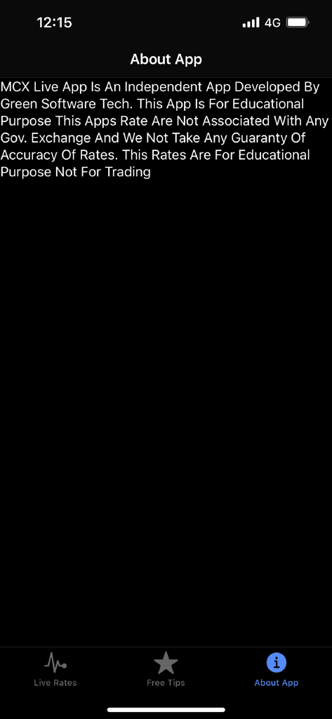 The About page of the MCX Live mobile app displaying a legal disclaimer that its market rates are for educational purposes only.