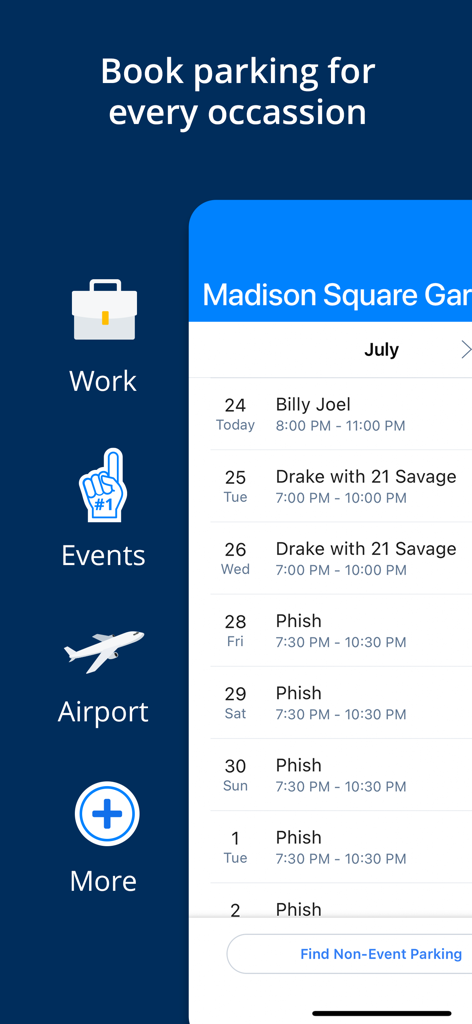 マディソン・スクエア・ガーデンのコンサートスケジュールと共に、職場イベントや空港の駐車オプションが表示されたSpotHeroモバイルアプリのインターフェース