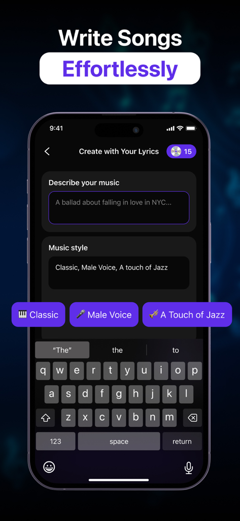 Oberfläche der KI-Song-Maker-App, die die Eingabefelder zur Beschreibung von Musik und zur Auswahl von Stilen wie 'Klassisch' und 'Männliche Stimme' zeigt.
