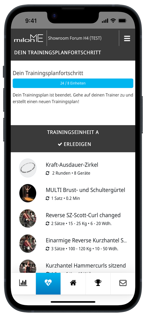 Interface of the milon ME app showing the user's training plan progress and a list of specific gym exercises