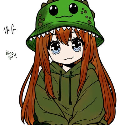 girl with anime shaped eyes with a dinosaur bucket hat oversized sweatshirt long straight hair