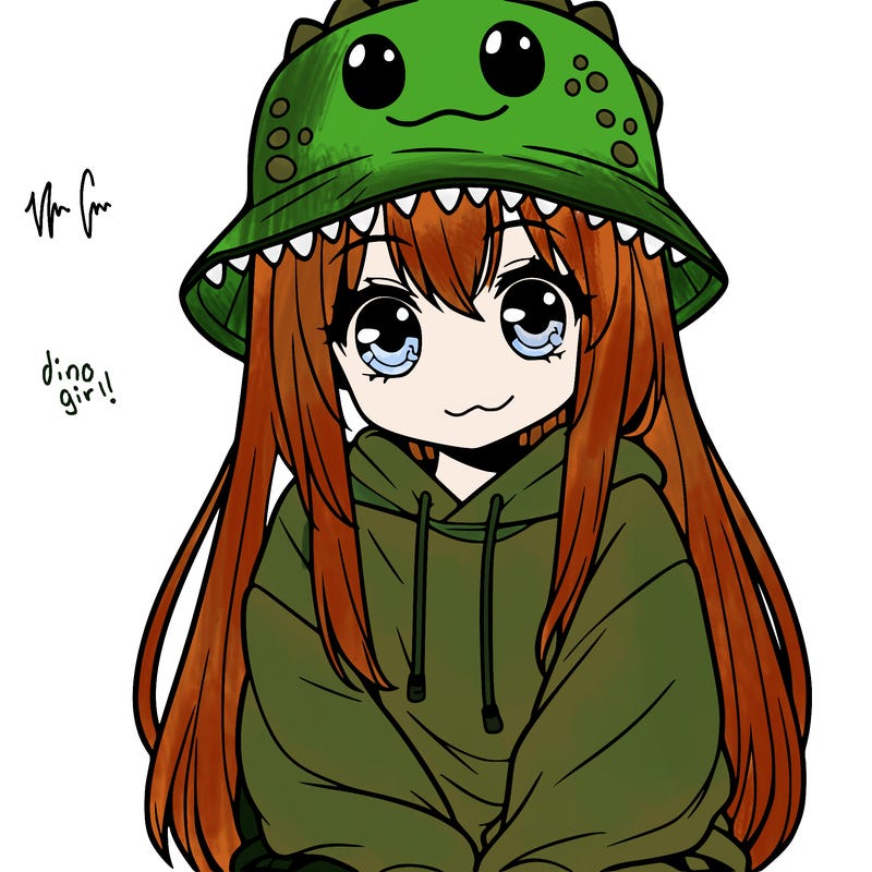 girl with anime shaped eyes with a dinosaur bucket hat oversized sweatshirt long straight hair