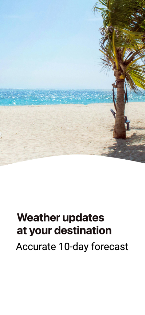 Packing List – Pack, Repeat - Un fondo de playa tropical con texto que describe actualizaciones meteorológicas y pronósticos de 10 días para destinos de viaje.