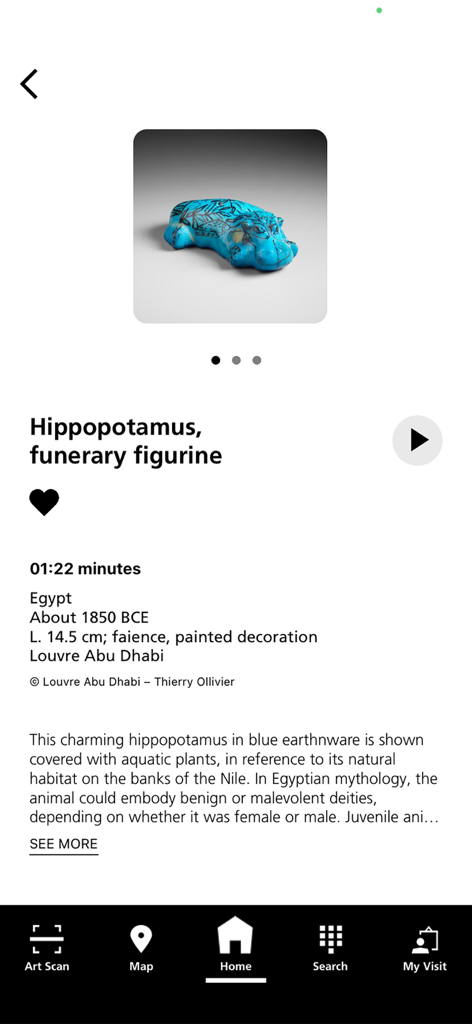 Louvre Abu Dhabi - Louvre Abu Dhabi app screen showing a blue Egyptian hippopotamus figurine and audio guide details