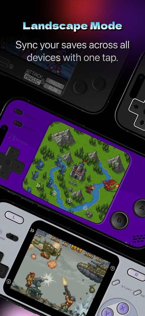 PP EMU - 3DS PSP Game Emulator - La aplicación emuladora PP EMU muestra el modo horizontal y las funciones de guardado en la nube en varios iPhones