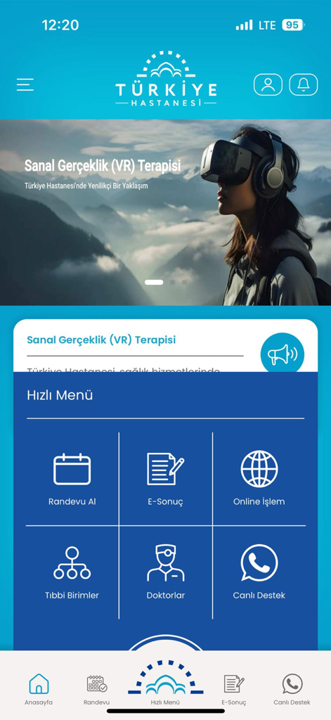 Home screen of the Turkiye Hastanesi mobile app featuring a quick access menu for medical appointments and lab results