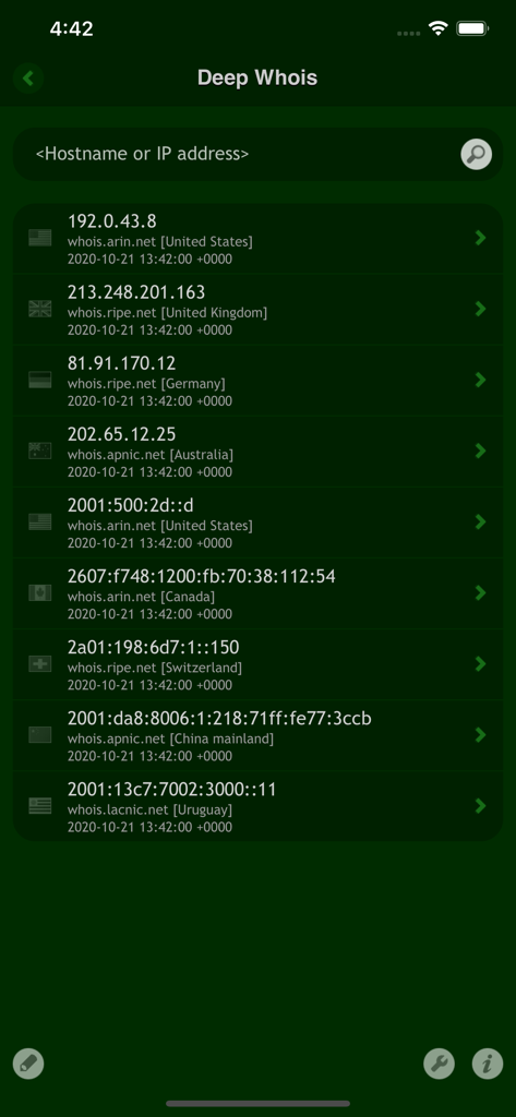 Deep Whois - A list of IPv4 and IPv6 address Whois lookup results within the Deep Whois mobile app displaying technical server data and origin countries