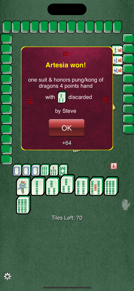 Mahjong! - A victory screen in a traditional 4-player Mahjong game showing a winning hand announcement for player Artesia.