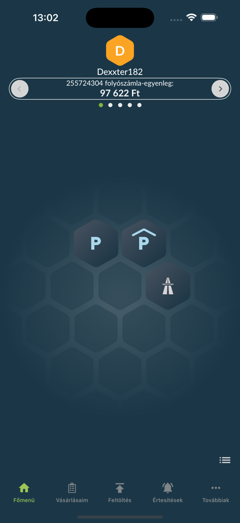 Nemzeti Mobilfizetési Rendszer - Menú principal de la aplicación NMFR que muestra el saldo del usuario e iconos de servicio para aparcamiento y peajes de autopista