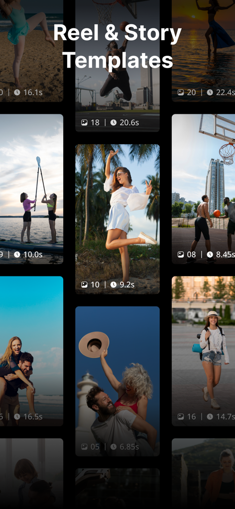 A collection of diverse reel and story video templates showing lifestyle and sports scenes