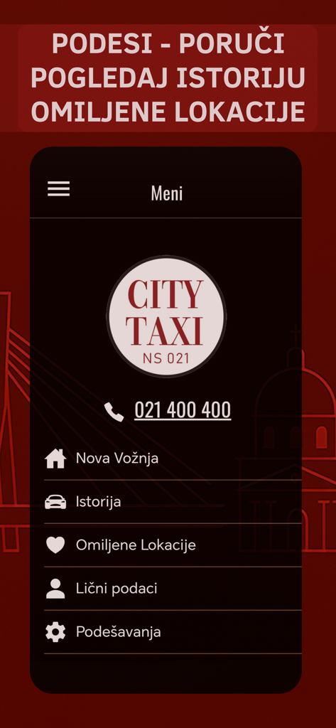 City Taxi NS - City Taxi NSアプリのメインメニュー画面。ノヴィサドでの新しい配車、履歴、お気に入りの場所へのナビゲーションオプションが表示されています。