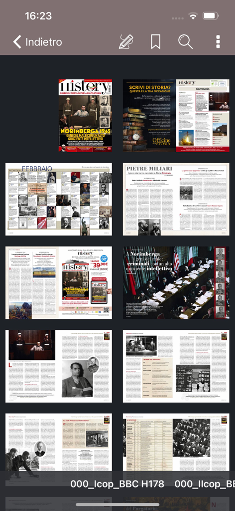 Eine Rasteransicht, die verschiedene Seiten und Artikel aus Geschichtsmagazinen innerhalb der Sprea History App zeigt