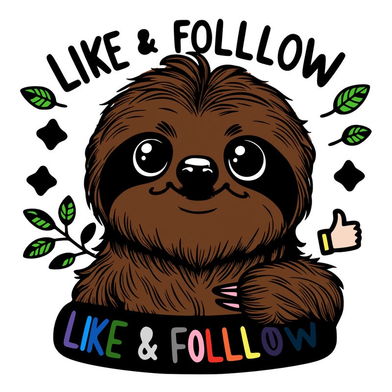 realistic cute sloth saying like and follow