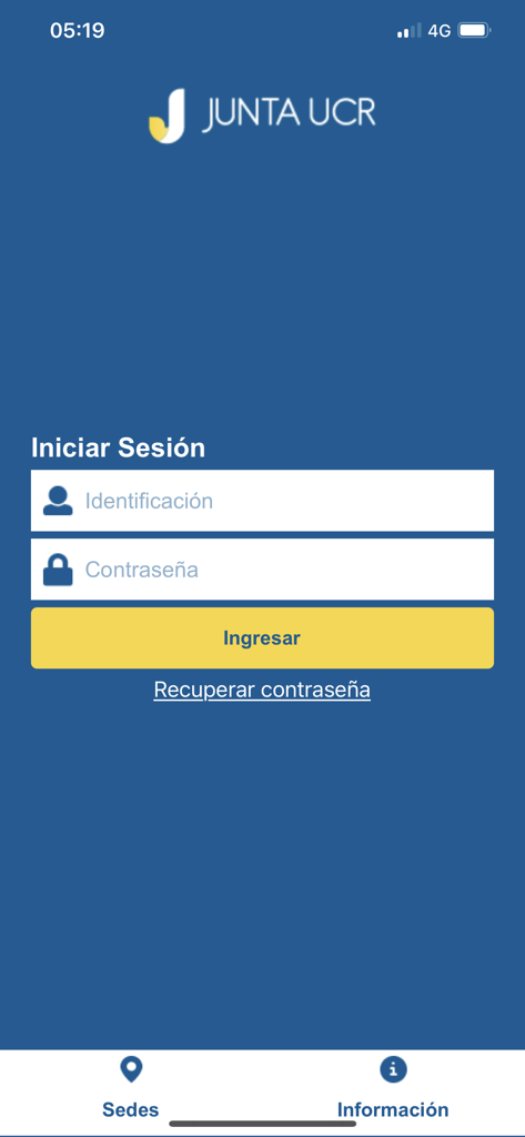 JUNTA UCR - Login interface of the JUNTA UCR mobile finance app for university affiliates.