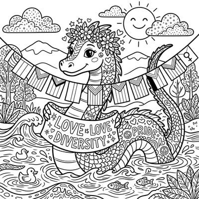 Join the legendary Ogopogo as it joyfully celebrates Pride Month in this unique coloring page. Adorned with a flower crown and holding a banner of love, this design is perfect for celebrating diversity and inclusion.