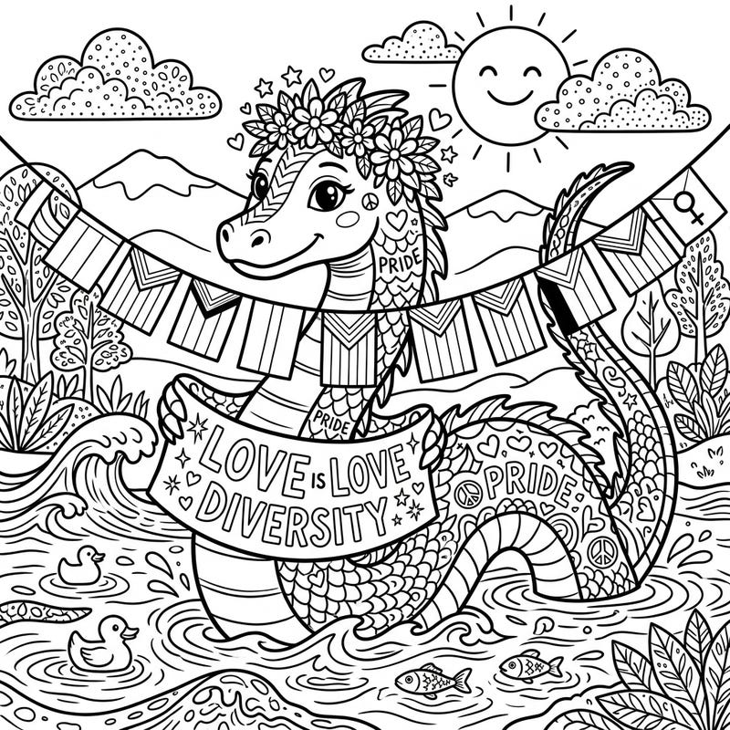 Join the legendary Ogopogo as it joyfully celebrates Pride Month in this unique coloring page. Adorned with a flower crown and holding a banner of love, this design is perfect for celebrating diversity and inclusion.