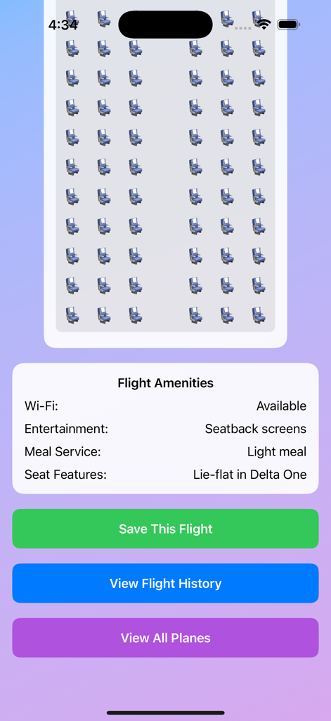 Interface móvel mostrando um layout de assentos de avião e comodidades de voo, incluindo detalhes de Wi-Fi e entretenimento