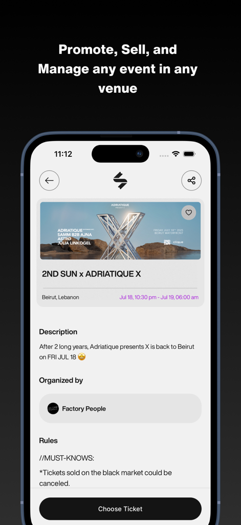 SKIPのモバイルアプリインターフェース。ライブ音楽ショーのイベント詳細を表示し、チケットを選択するボタンが表示される。
