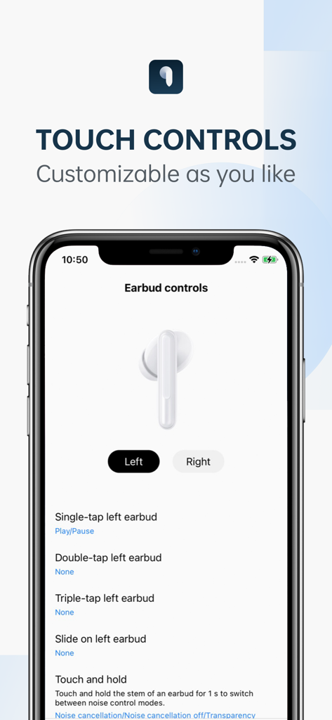 HeyMelody app screen showing customization options for earbud touch controls like tapping and sliding