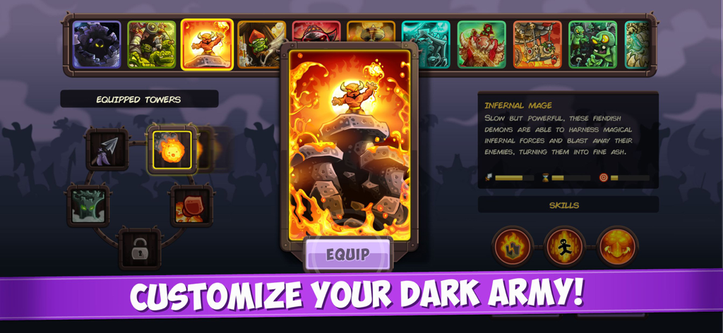 Kingdom Rush Vengeance menu screen for customizing the dark army with various towers
