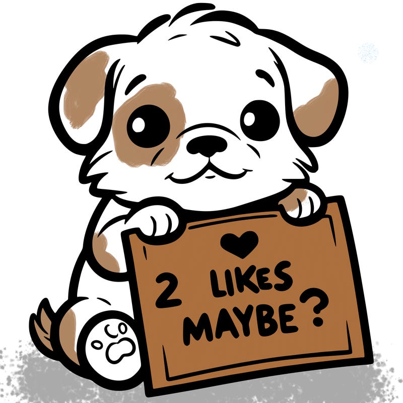 a puppy holding a sign that says 2 likes maybe?