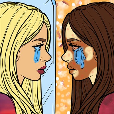 woman, staring at her crying, reflection, realistic, beautiful