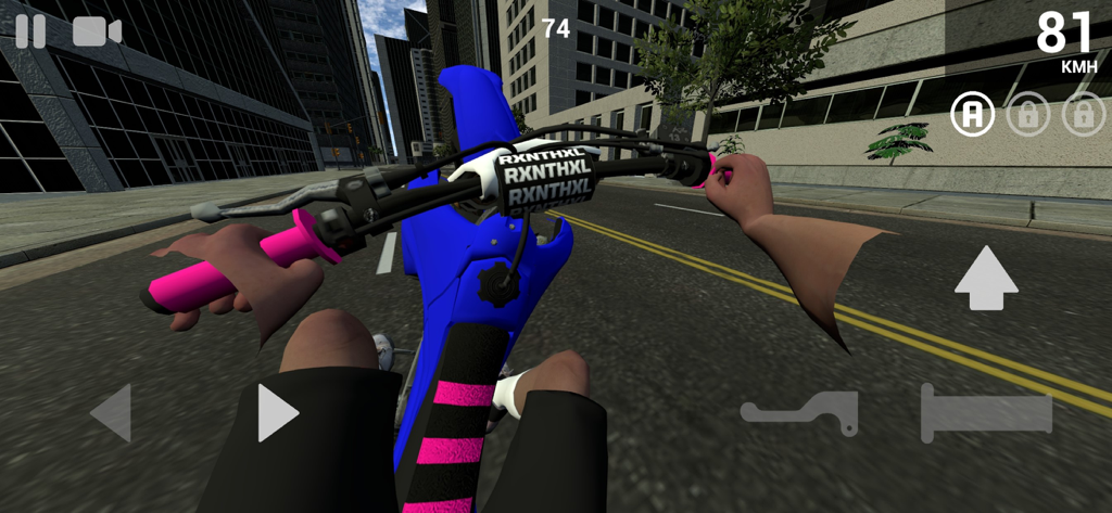 First person view of a rider performing a wheelie on a blue and pink motorcycle in a city