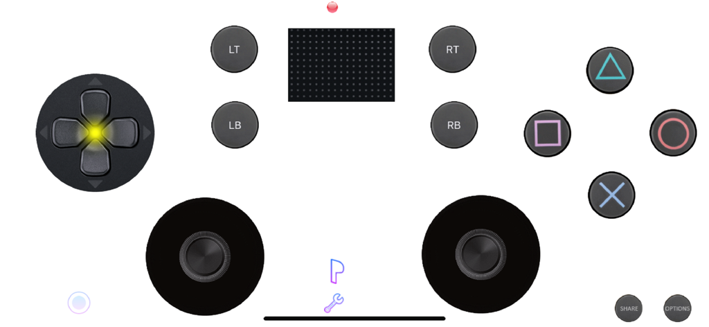 A customizable virtual game controller interface on a smartphone screen showing joysticks and action buttons