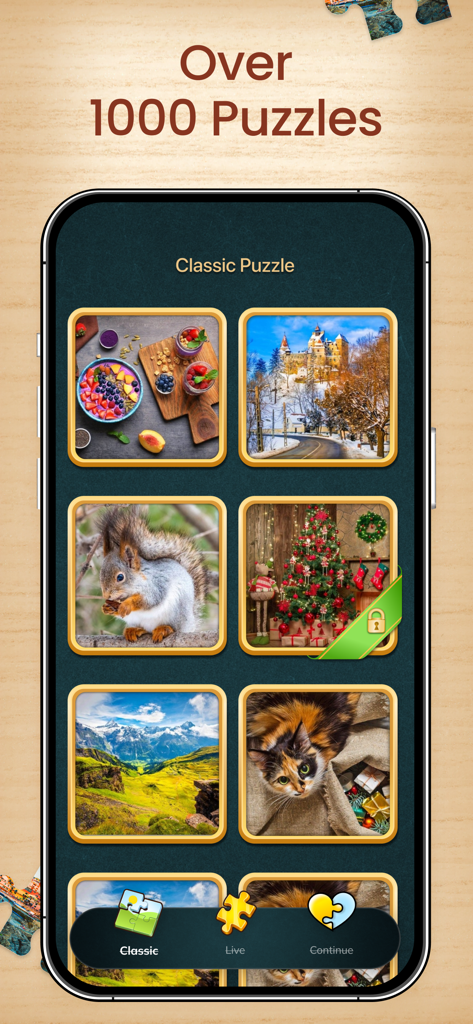 Jigsaw Puzzle HD - Brain Games - Uma tela de celular mostrando uma variedade de quebra-cabeças clássicos em alta definição em categorias como animais e paisagens.