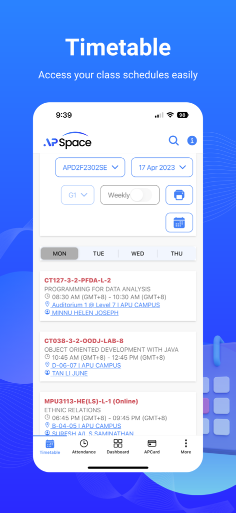 APSpace - APSpace app interface showing a detailed student class timetable with course names times and campus locations