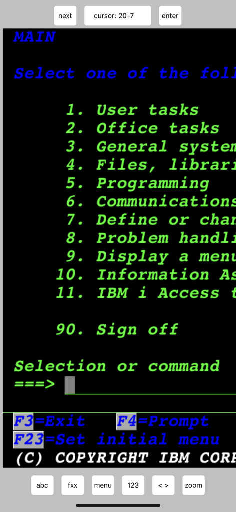 TN5250 - IBM iSeries AS400 terminal emulator main menu on a mobile screen showing classic green text