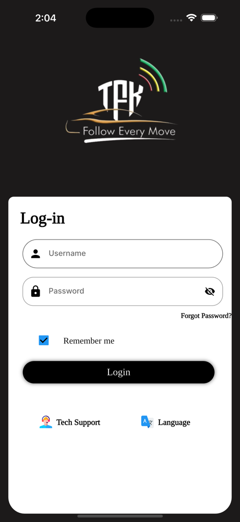 IAI TRACK PRO - Anmeldebildschirm für die IAI TRACK PRO Flottenverfolgungs-App mit Eingabefeldern für Benutzername und Passwort