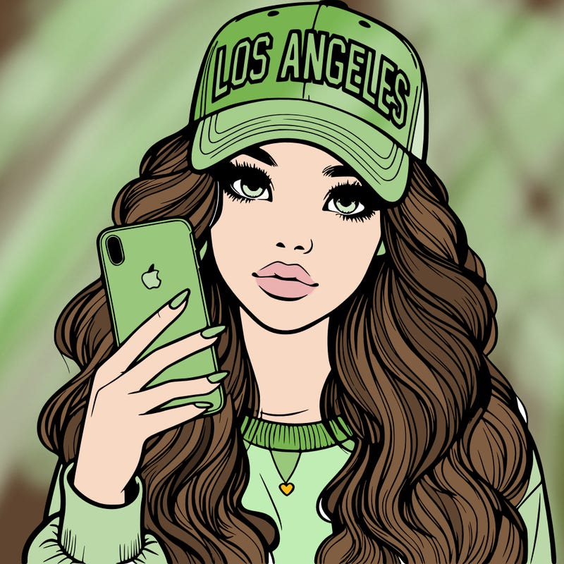 realistic beautiful girl wearing los ángeles cap holding an iphone