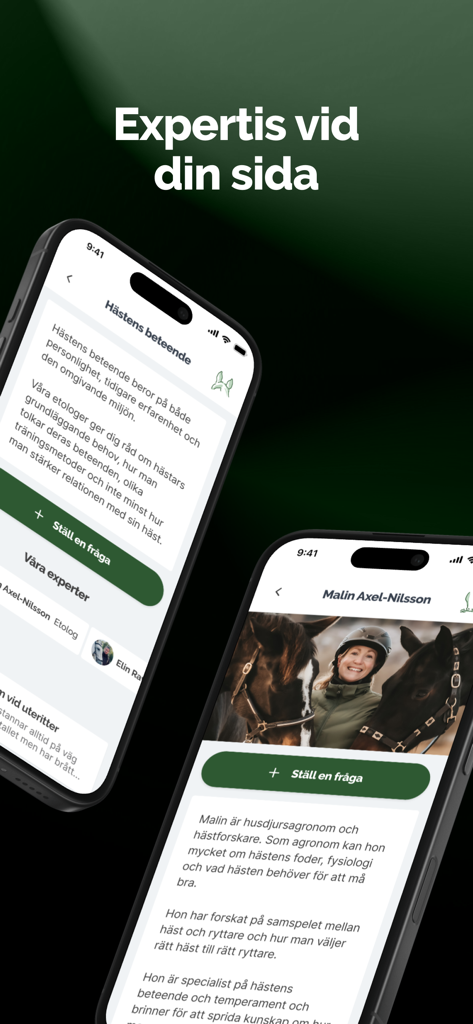 HayHay: För häst & ridning - Two mobile phones displaying the HayHay app interface showing horse behavior advice and expert profiles like Malin Axel-Nilsson.