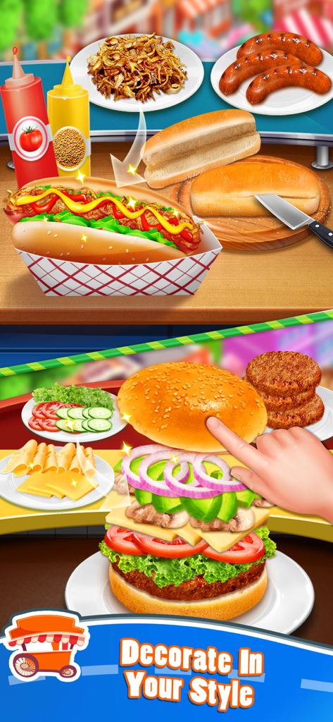 Food Games: Street Cooking - Gameplay of Food Games Street Cooking showing a player assembling a gourmet hamburger and a hot dog with various toppings.