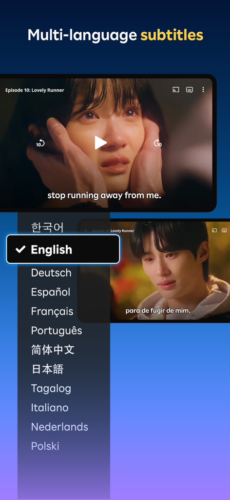 Viki app interface displaying a drama scene with various language subtitle options including English and Portuguese.