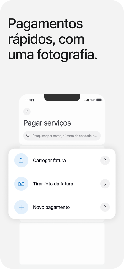 Interface of the Caixadirecta Empresas app showcasing service payments through invoice photo upload