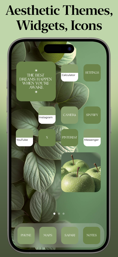 Themify - Widget & Icon Themes - Écran d'accueil d'iPhone avec un thème esthétique vert comprenant un fond d'écran de feuilles et des icônes assorties